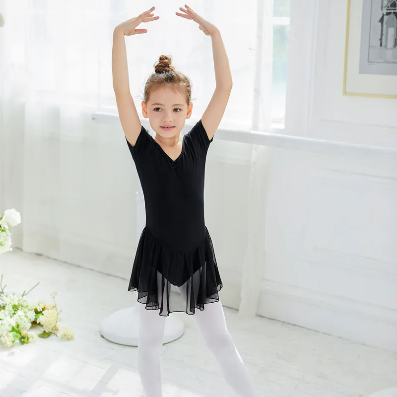 B8085 Girls Ballet Dress High Quality Stage Back Bow Short Sleeve Cotton Ballet Dance Skirt Training Dancewear