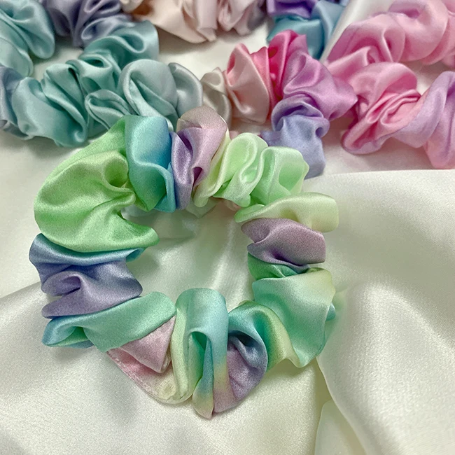Gradient Silk Ribbon Scrunchies Cord Soft Elastic 100% Silk Satin Scrunchies For Ladies