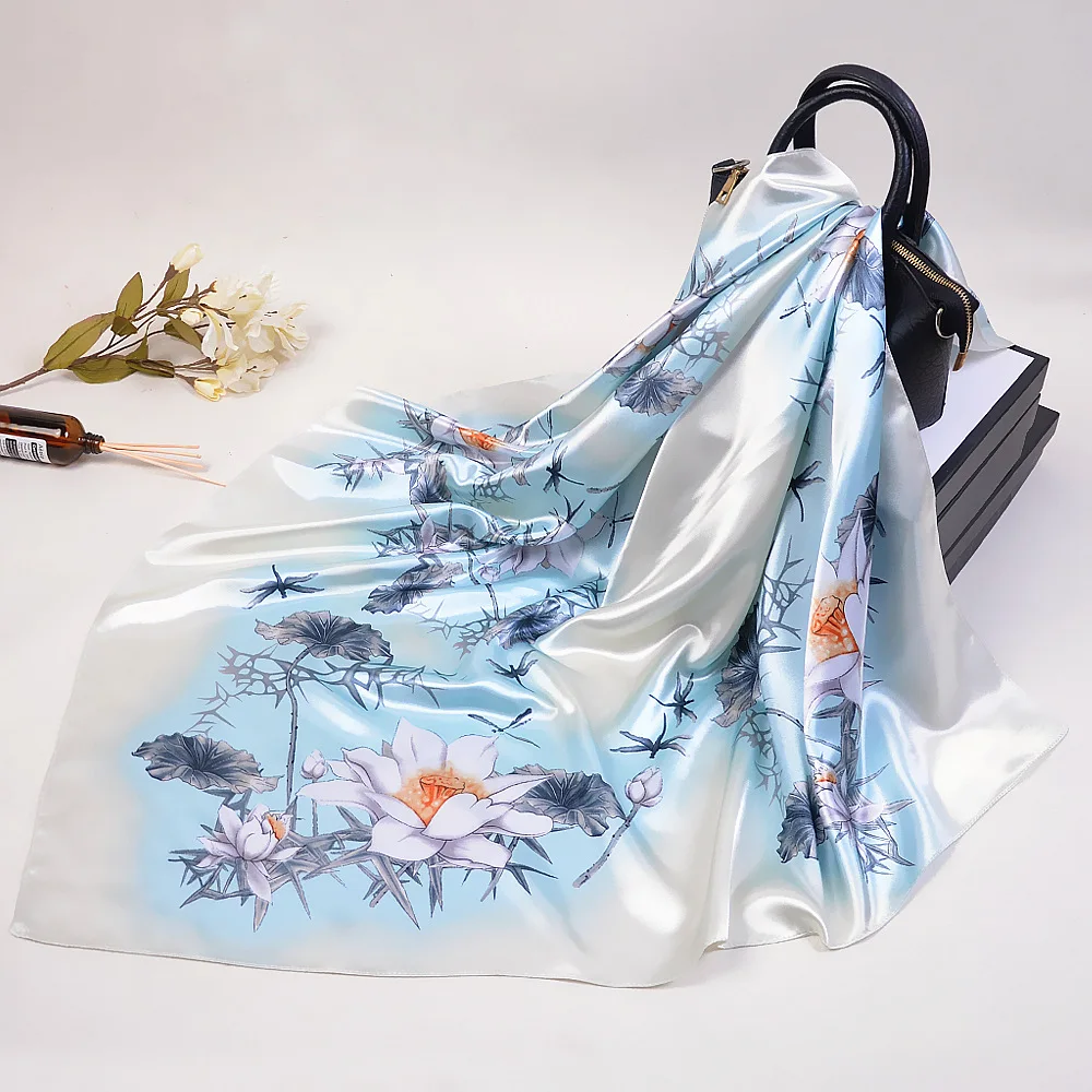 Модная шаль, шарфы для женщин, Шелковый Атласный хиджаб с цветочным принтом, Женская бандана, 90*90 см, роскошные брендовые квадратные мусульманские шарфы