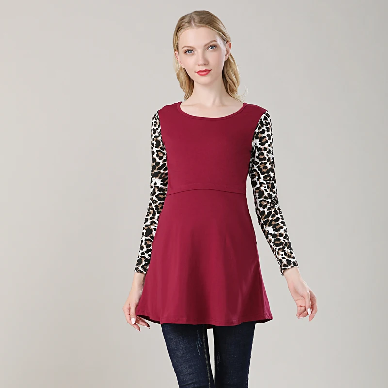 Autumn/Fall Long Maternity Blouse Long Sleeve Women Pregnancy Clothes Stretch Cotton Lactation T shirt Color Block