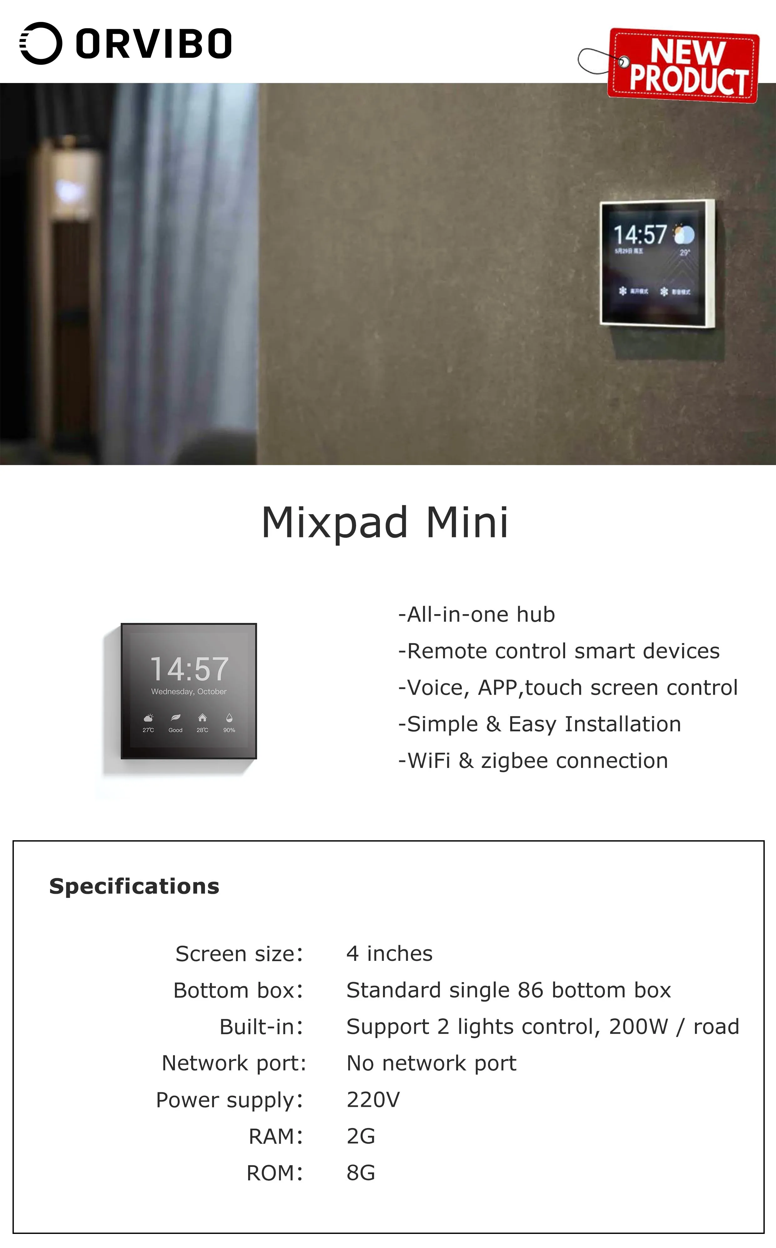 ORVIBO MixPad Mini zigbee wifi BT hub smart home gateway touch