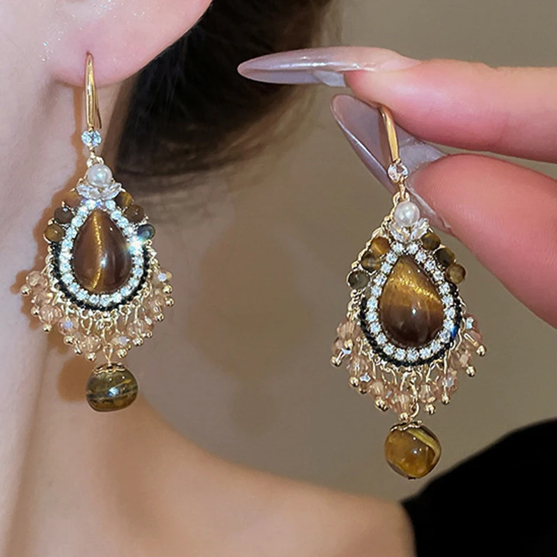 Tiger Eye Stone Style Tassel Earrings Vintage Design Earrings French Personalized Palace Style Earrings for Women