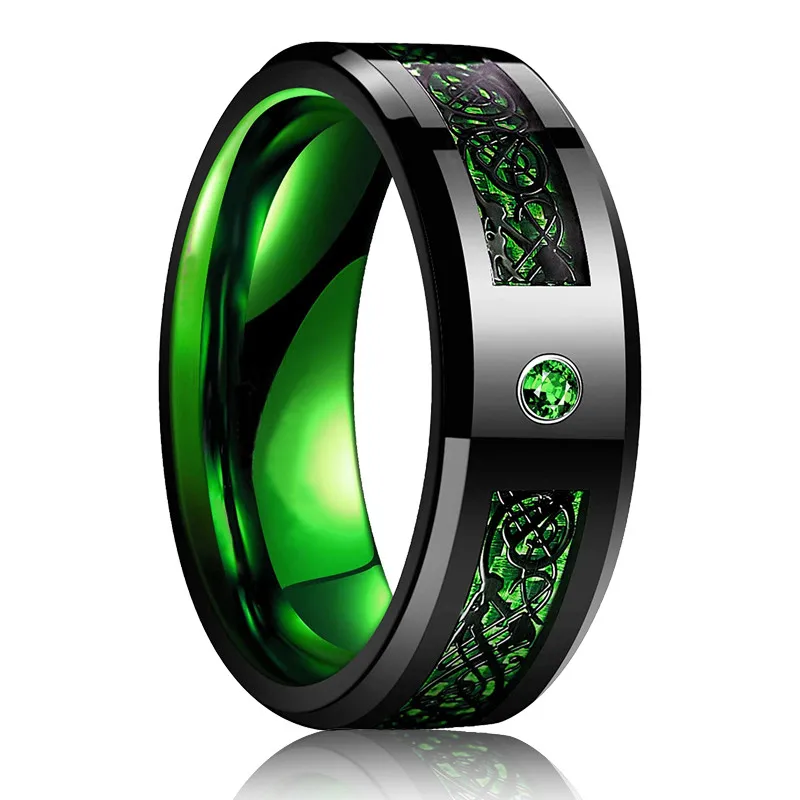 Fashion Black Tungsten Wedding Celtic Dragon Rings For Men Inlaid Green Zircon Punk Men Stainless Steel Green Carbon Fibre Ring
