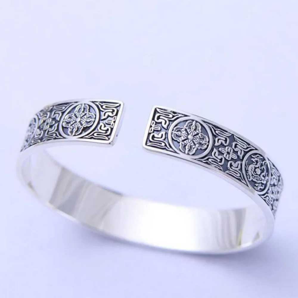 990 Pure Silver Vintage Wide Silver Bracelets Cuff 4 Creatures Dragon Tiger Bird Turtle Chinese Men Jewelry