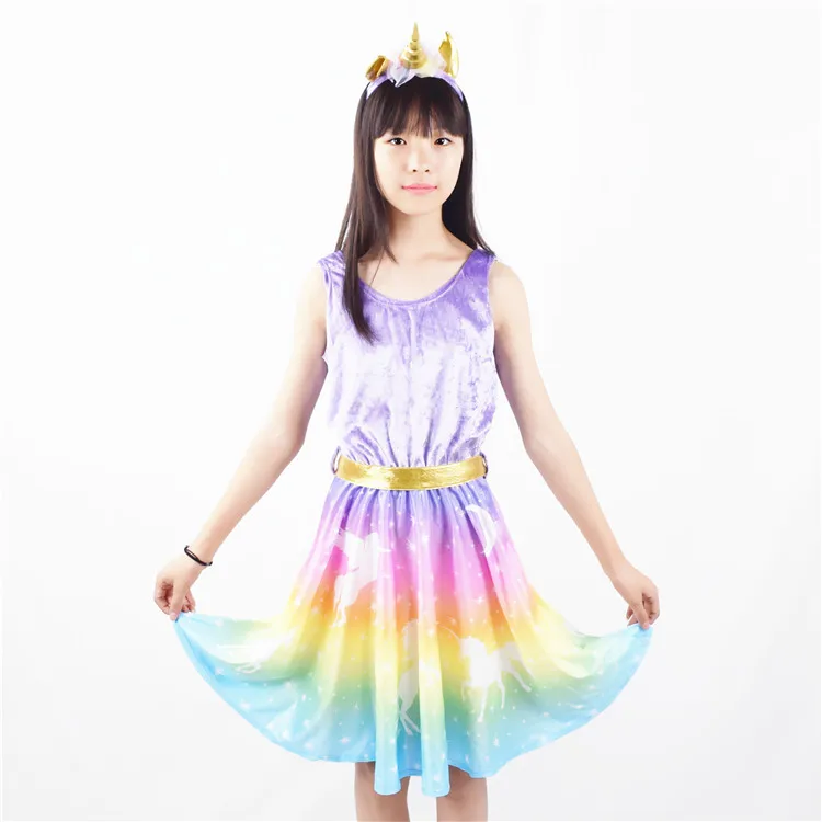 
New Design Kids Party Clothes Boutique Cute Girls Stage Clothing Rainbow Unicorn Dress 