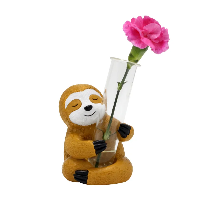 Modern Resin Sloth Holding Small Transparent Glass Tube Flower Vase