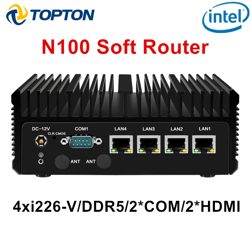 Topton промышленный безвентиляторный ПК 12-го поколения Intel N100 мини-ПК 4x i226-V LAN 2 5 г мягкий маршрутизатор 8 ГБ DDR5 NVMe * COM Интернет-сервер