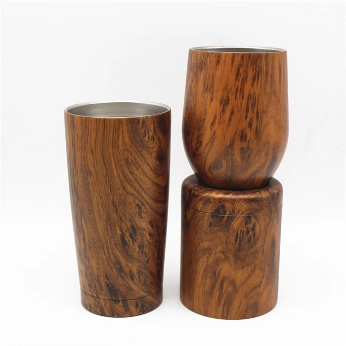 Amazon Hot Sell Double Wall Wood Grain 12 oz Stainless Steel Wine Tumblers For Gifts