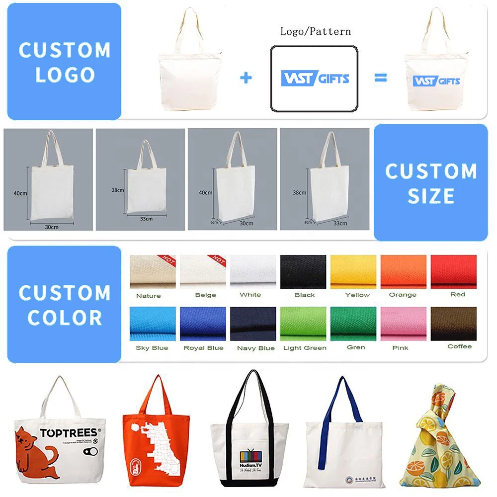 Promotional Custom Canvas Plain Totebags High Quality Bags Cotton Fabric Logo Eco Friendly Tote Bag With Zip