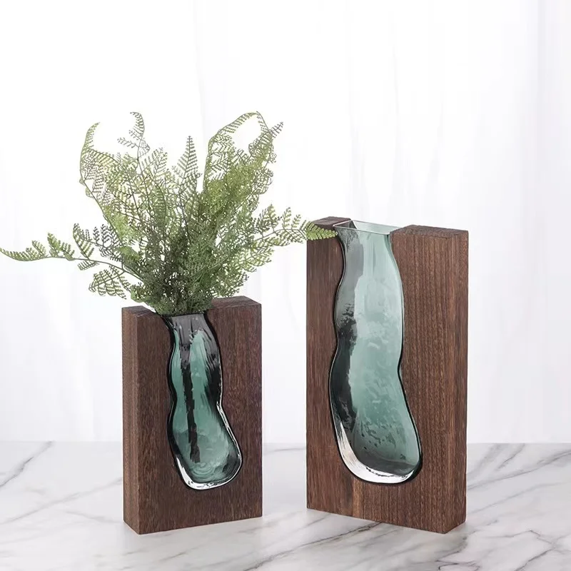 Unique Design Top Grade Square Wooden Frame Rectangle Double Bubble Vintage Florist Handmade Glass Rose Vase