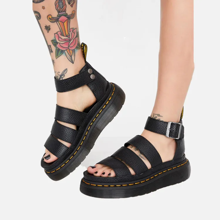 2022 Latest Design Summer Flat Open Toe Wedges Shoes Breathable Platform Genuine Leather Sandals for Women