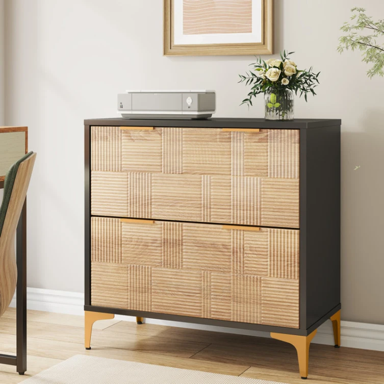 24 Years Factory Direct Modern Farmhouse 2 Drawers Ribbed Fluted Design File Cabinet in Oak and Gold Metal Leg