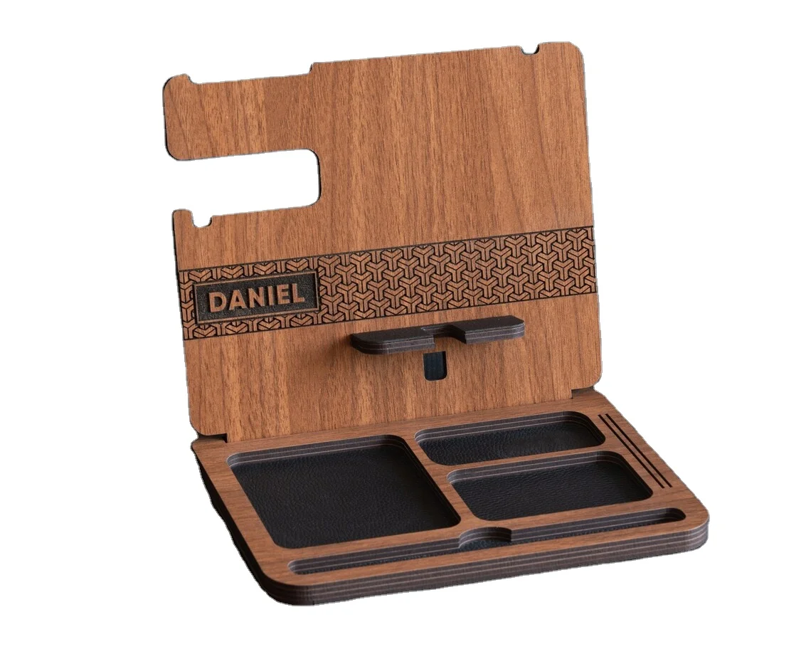 Natural Wood Phone Docking Station - Hand Crafted Wooden Docking Station Men - Classy Solid Wood Nightstand Organizer for Men