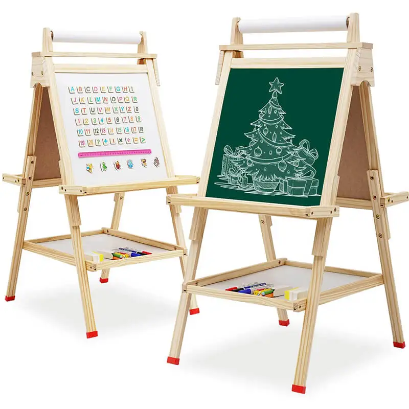 Double sided drawing easel with paper roller and magnetic board, adjustable height wooden easel for kids