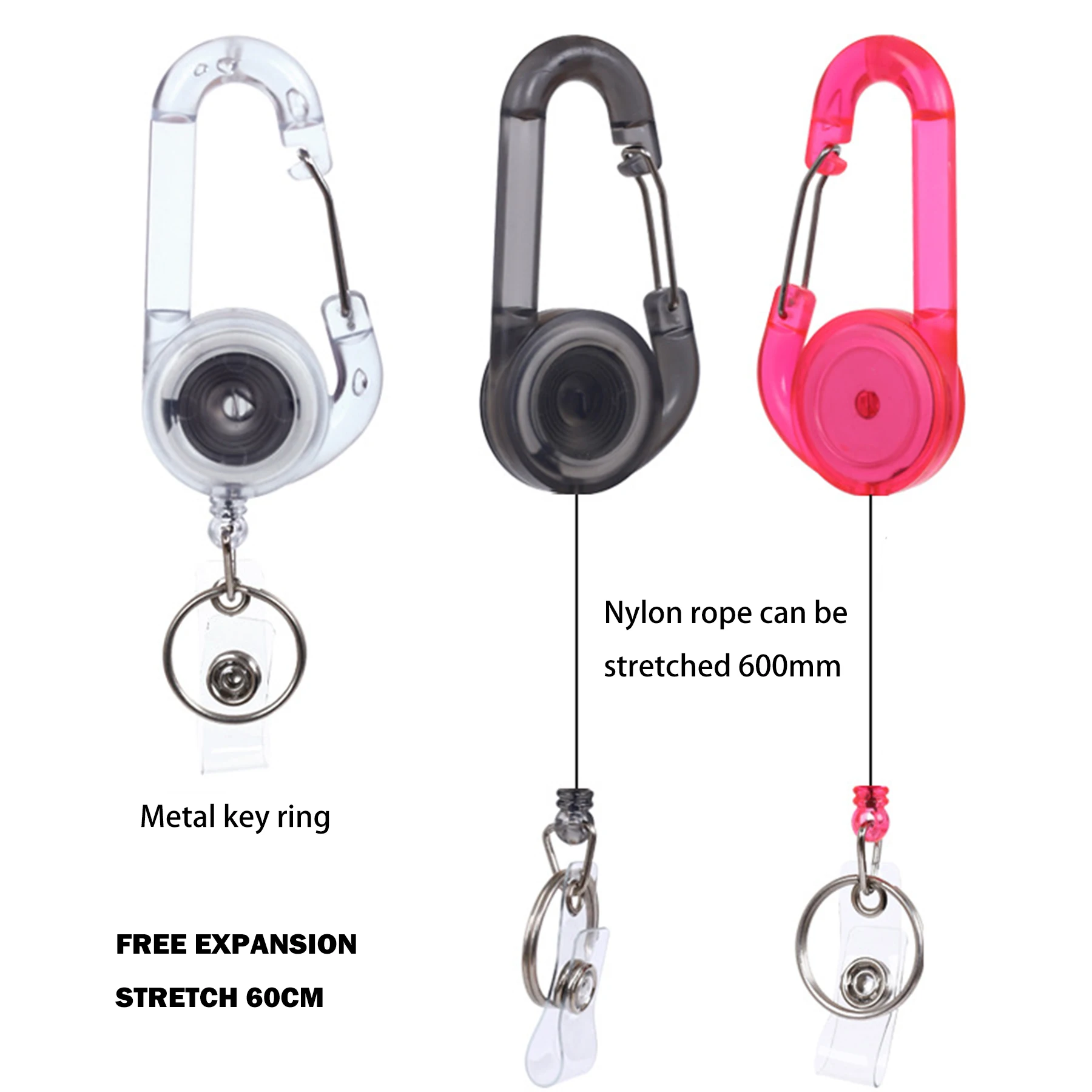 Heavy Duty Retractable Pull Id Reel Badge Lanyard Carabiner With Clip Colourful Shell String Design Keyring Retractable Keychain
