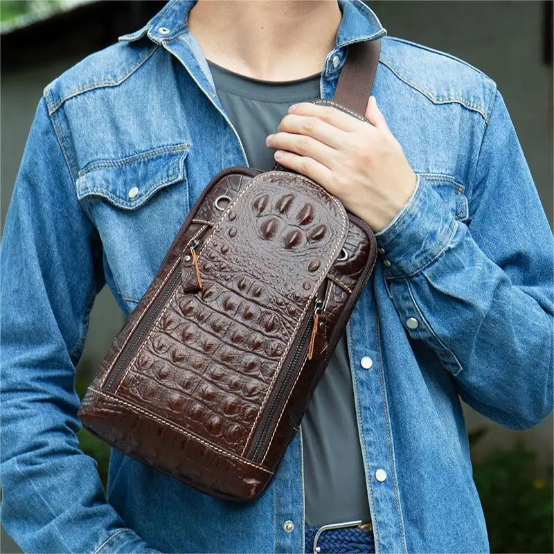 MARRANT Men Vintage Crocodile Pattern Single Shoulder Bag Daypack Crossbody Sling Bag Men Genuine Leather Chest Bag
