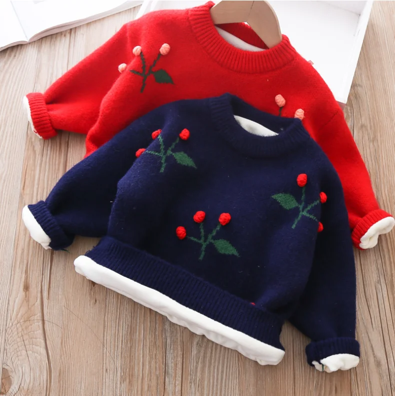 
Girls winter new style western pullover sweater round neck cherry plus velvet thick knitted bottoming shirt 