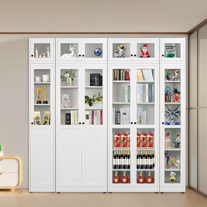 Modern White Vertical Metal Bookshelf Glass Door Bookcases for Home Furniture Book Storage Cabinet for Living Room