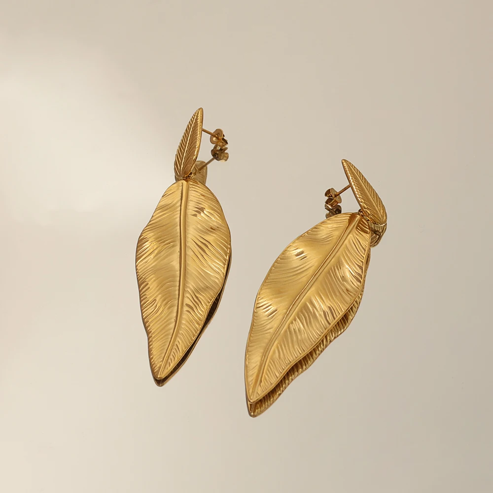 INS Popular Statement Jewelry Earrings 18k Gold Plated Feather Earrings Leaf Drop Earrings Women Stainless Steel Boho Jewelry