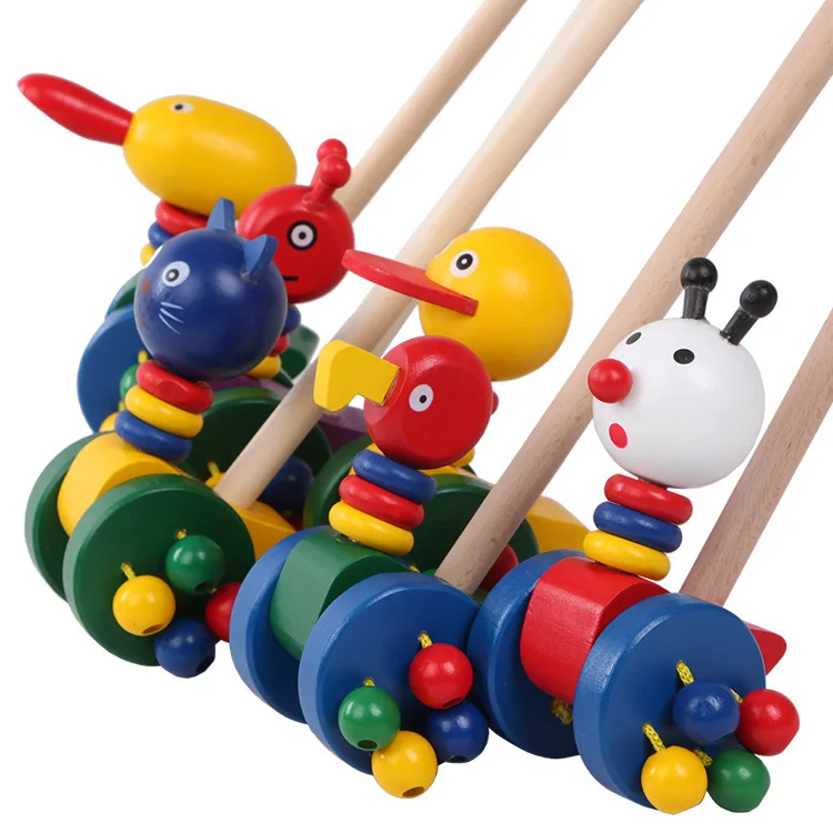 custom Educational Wooden Cute Cartoon Animals Walking Toy Baby Trolley Cart Educational Duck Pushing Walker Toys