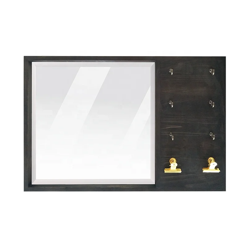 Hot Selling Wall Decorative Rectangle Wooden Mirror Frame With 6 Key Hooks
