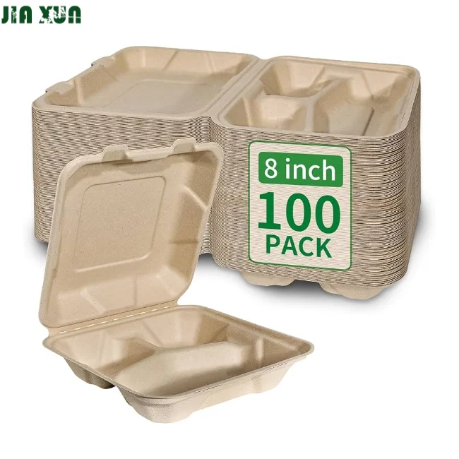 Biodegradable Disposable 8 Inch 3 Compartment Compostable Lunch Box Takeaway Bagasse Clamshell For Restaurant