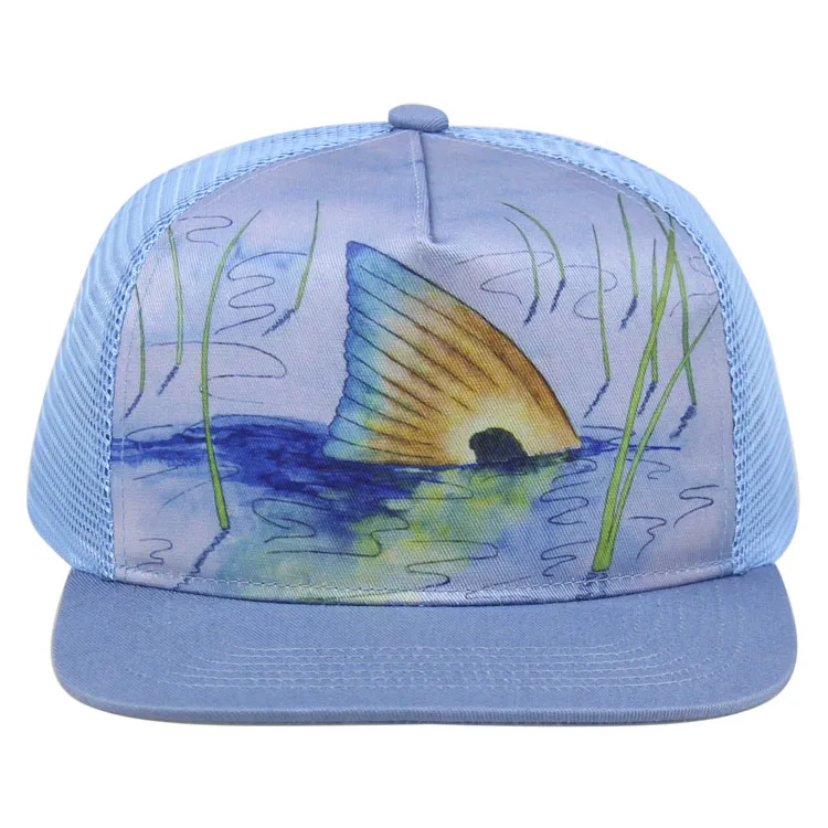 custom 5 panel flat bill sublimation printed mesh trucker hats