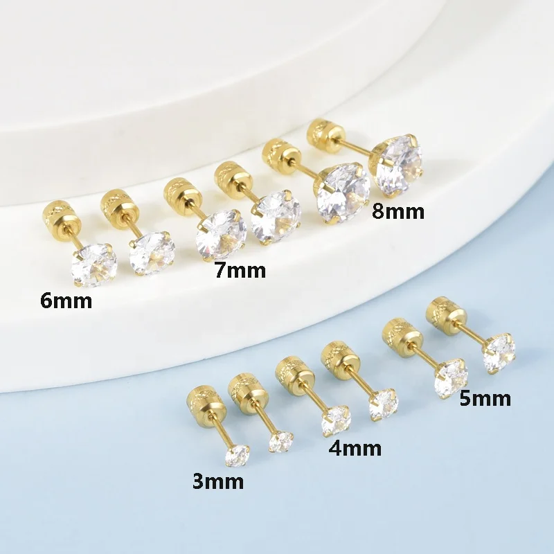 Wholesale Hypoallergenic Round Cubic Zirconia Earring Stainless Steel Gold Plated Jewelry CZ Stud Earrings Men Women