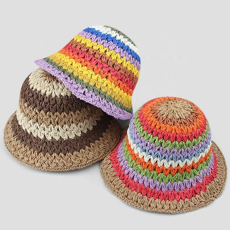 WD-A813  Colorful Handmade Crochet Raffia Bucket Visor Hat Folded Beach Sunscreen Straw Hats For Women