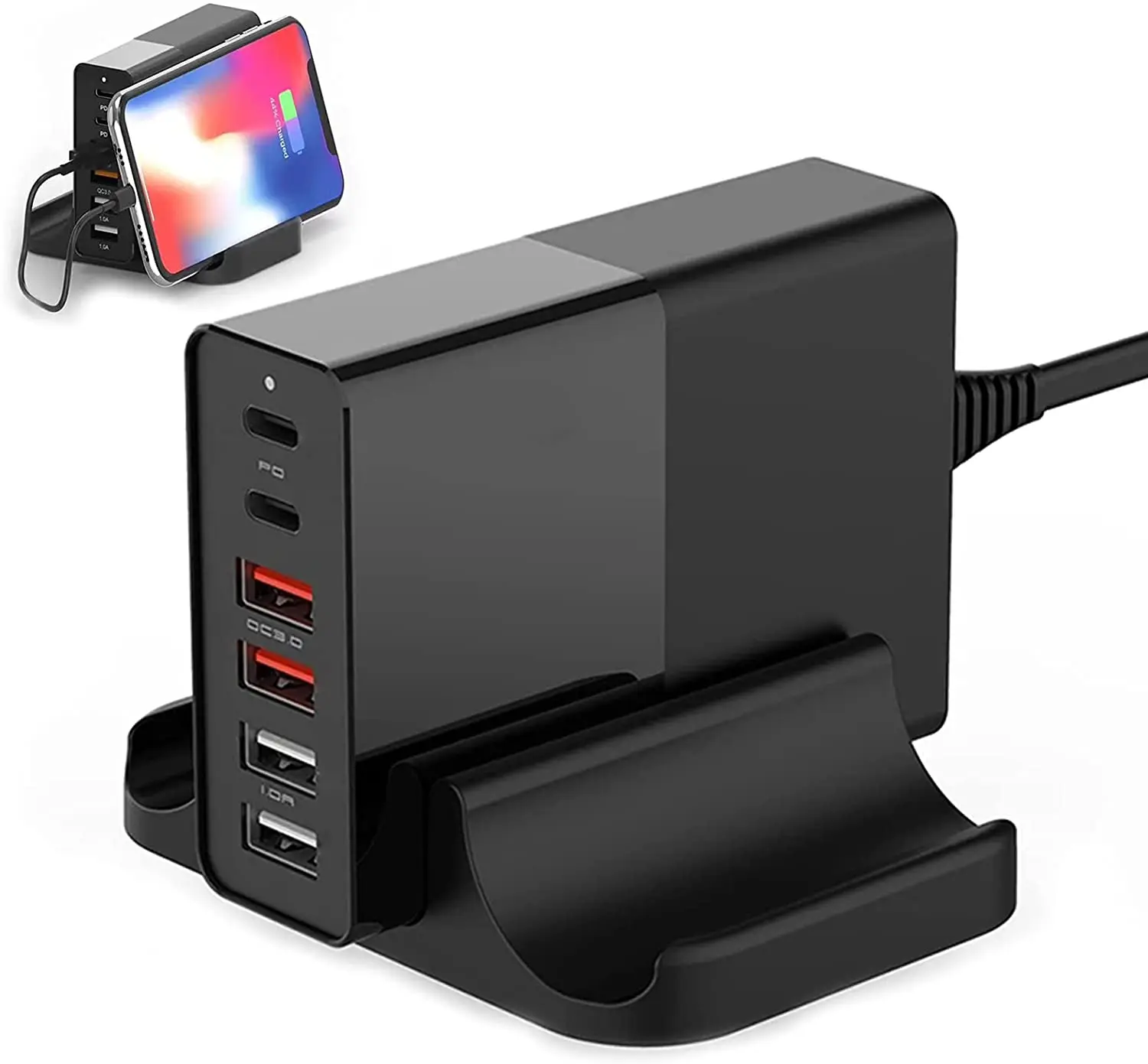 75W 6-Port USB Desktop Charger Station Hub with 2 PD USB C Charging Ports 4 QC 3.0 USB A Charging Ports for iPhone,MacBook iPad