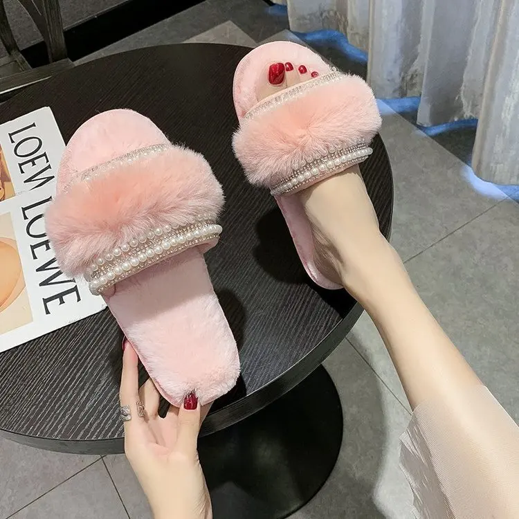 Home Pearl Diamond Slipper Women Fur Slides Warm Cross Soft Shoes Plush Furry Faux Rabbit Fur Slippers For Women