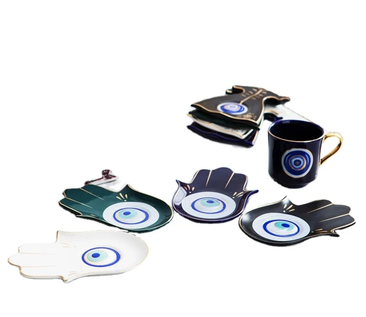 
Wedding Decorative Unique Style Trinket Tray Gold Rim Ceramic Jewelry Dish Plate Hand Shape Jewelry Display Ceramic Trinket Tray 