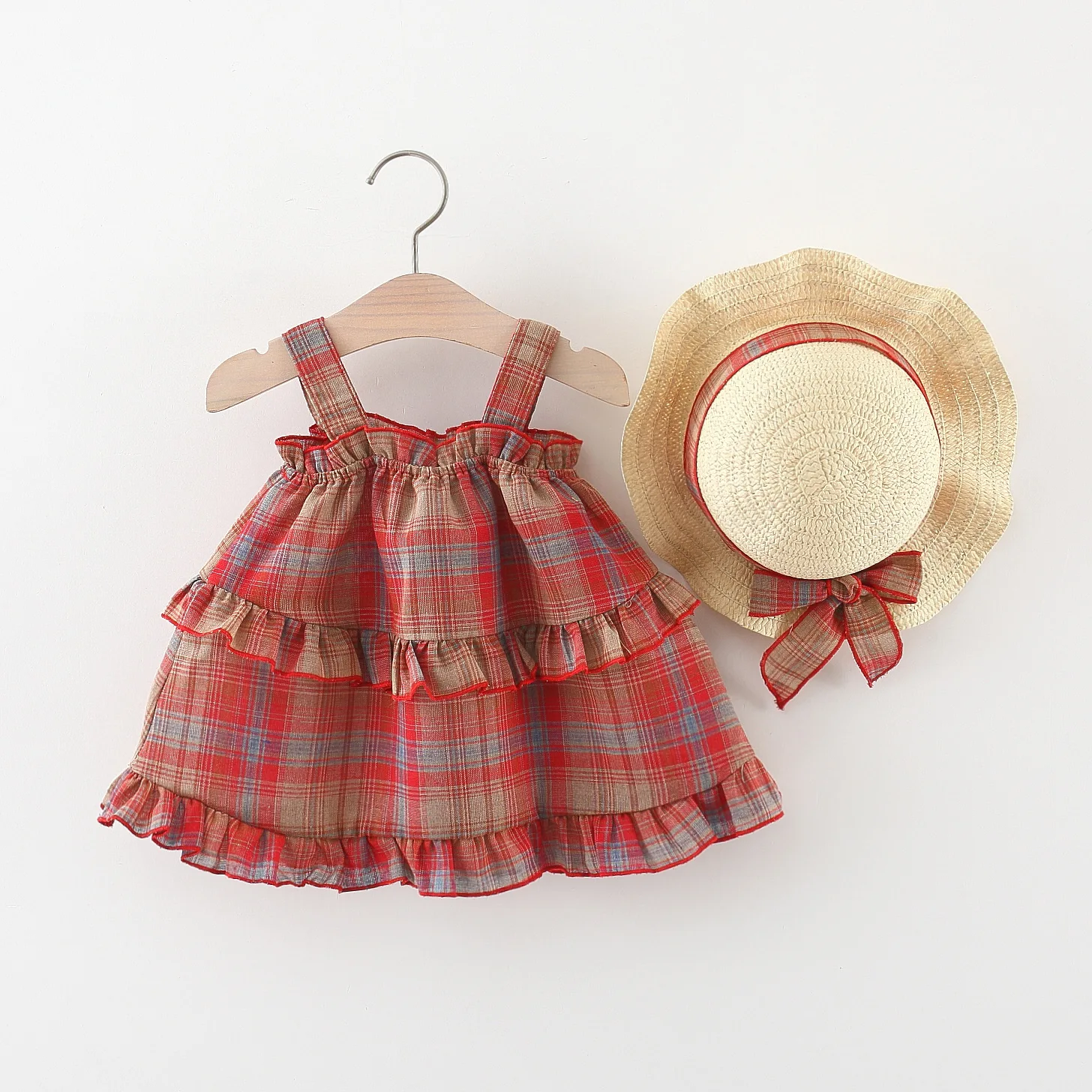 2024 new summer red plaid thousand-layer suspender skirt comes with the same straw hat
