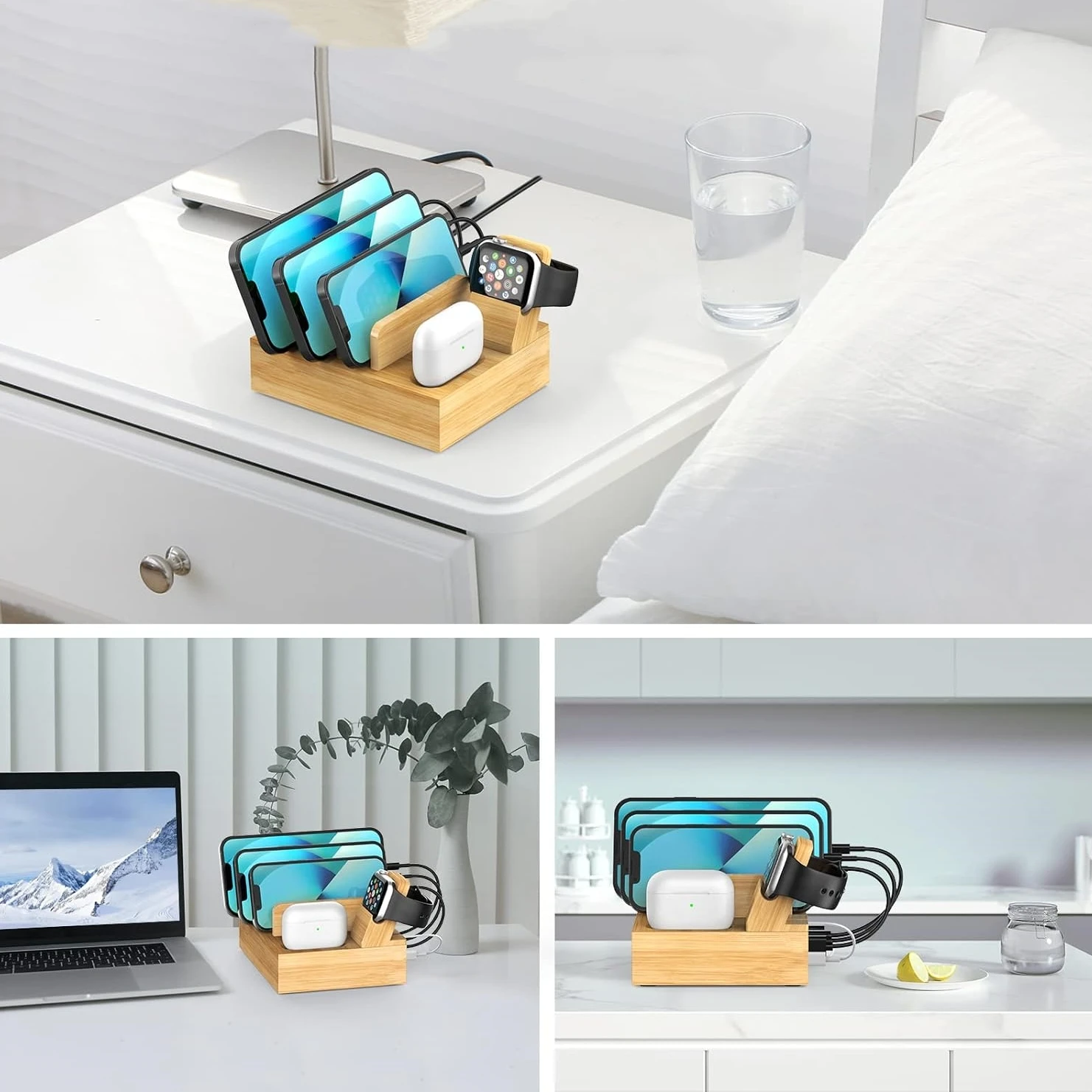 wood phone docking station Bamboo Charging Station Organizer, Fast Charging Station Wood Charging Dock