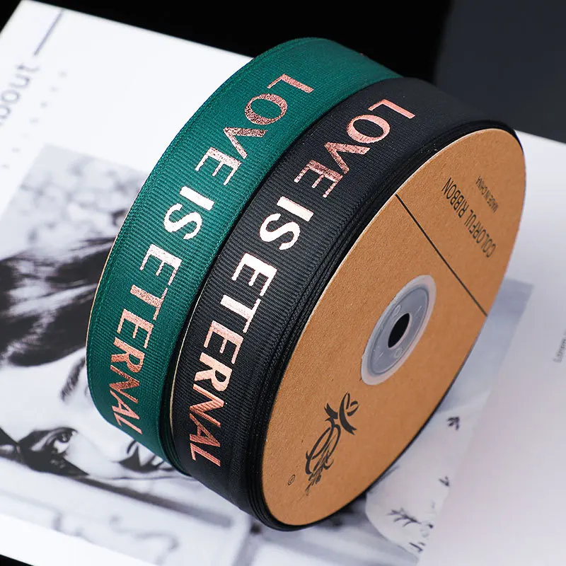 Wholesale custom 2.5cm*45m English bronzing luxury gift cake box packaging satin ribbon elastic printed polyester