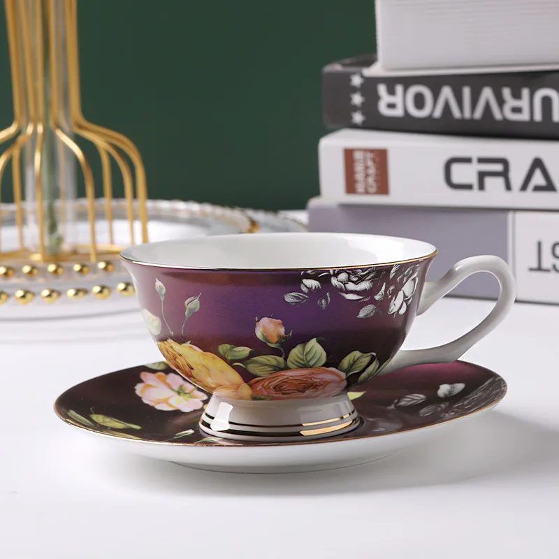 Wholesale Luxury Elegant 220ml Unique Style Customize Pattern Bone China Ceramic Coffee Cup And Saucers For Party Office