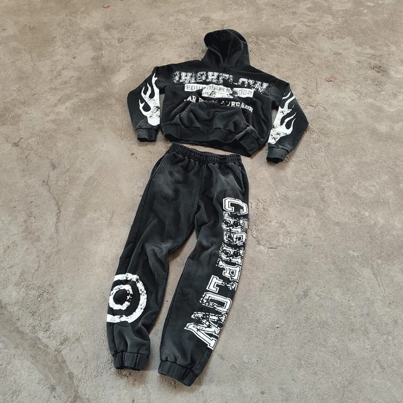 Custom Logo Cropped Hoodies Applique Embroidered Patches Jogging Sweatsuits  Aicd Wash Tracksuits Jogger Sweatpants Men Set