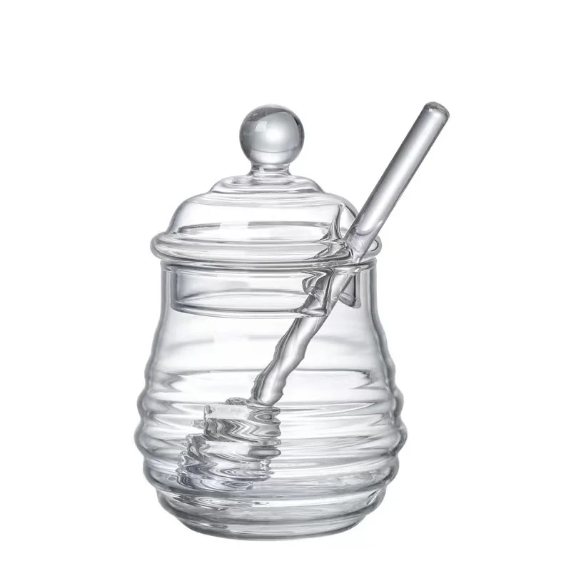 Beehive Honeycomb Shaped Hexagonal Glass Storage Pot Jar Cruet Spice Herb Honey Jam Jar with Glass Dipper and Lid