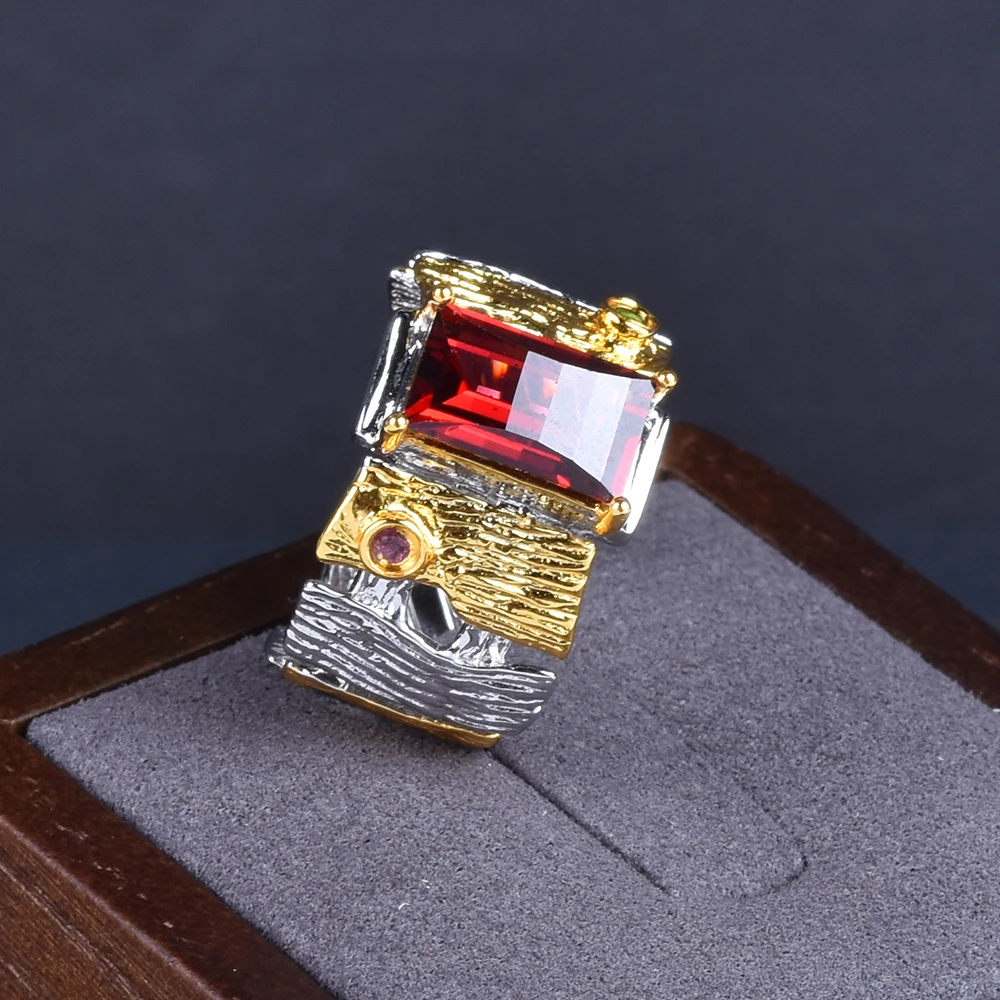 Natural Garnet Ring Italian Handicraft Retro Elegant Ring 925 Silver Gold Plated Natural Garnet Ring