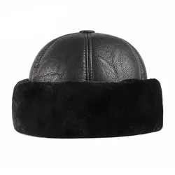 Wholesale Black Thickening Visorless PU Leather Men Winter russian Warm Hat custom LOGO