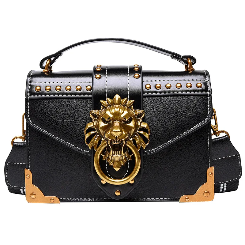 2024 New Fashion European American Retro Style PU Handbag Lion Lady Patterned Messenger Bag Geometric Pillow Flower Decor Rivet