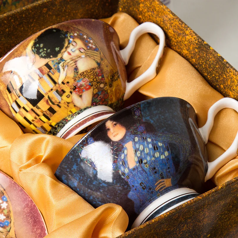 Klimt Famous Painting Bone China Tea Cup and Saucer Sets for 2 Person