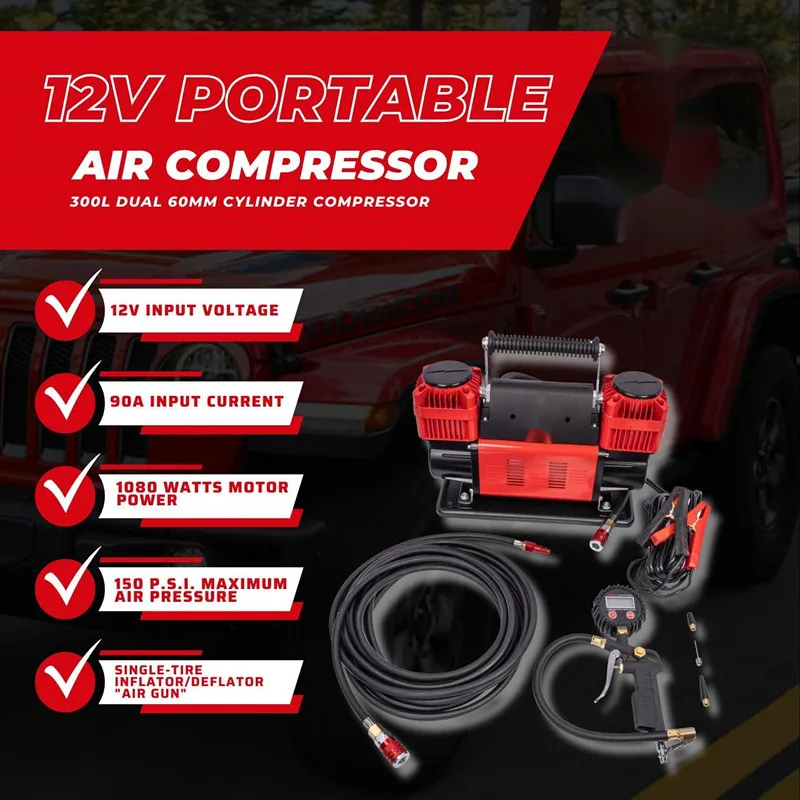 300LSH/MIN Heavy-Duty 12V/24V Cabled Tire Compressor with Double Cylinders Fast 150PSI Inflation Point