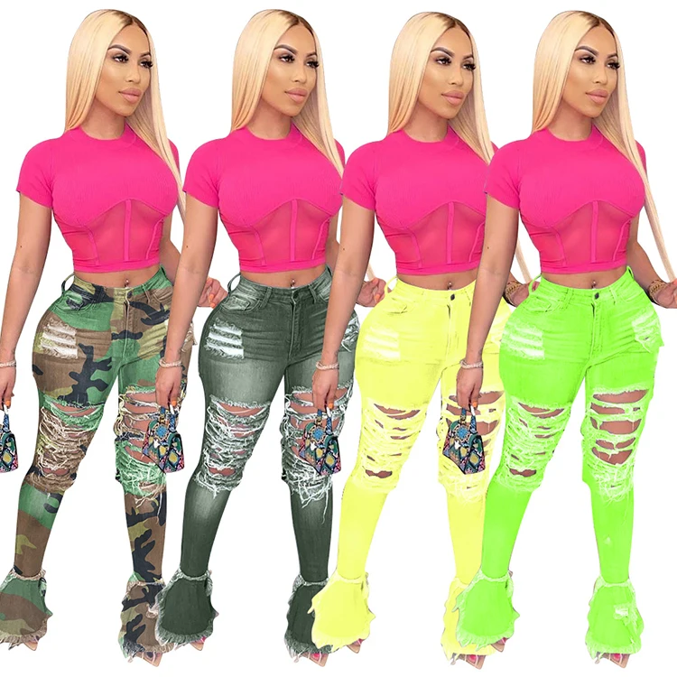 
Hot sale woman jeans trousers classic cowboy with fringed holes hipsters trousers 