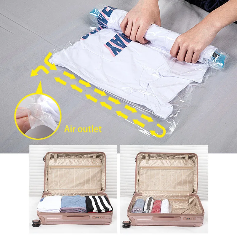 Small Roll Up Travelling Vacuum Compressed Storage Space Saving Bags Transparent Cable Organize Bag Travel Storage Bag For Cloth