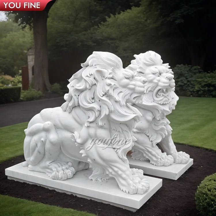 Garden Hand-Carved Animals Marble Sculpture Marble Sitting Lion Statue