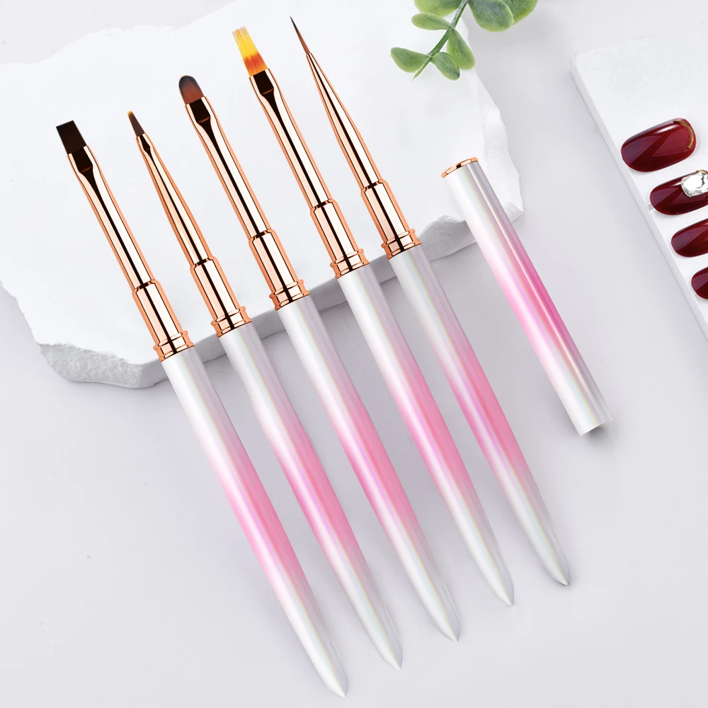 China Nail Supplier Custom Logo Flat/Ombre/one stroke/Oval Salon Nail Art brush Pink Nail Painting Brush