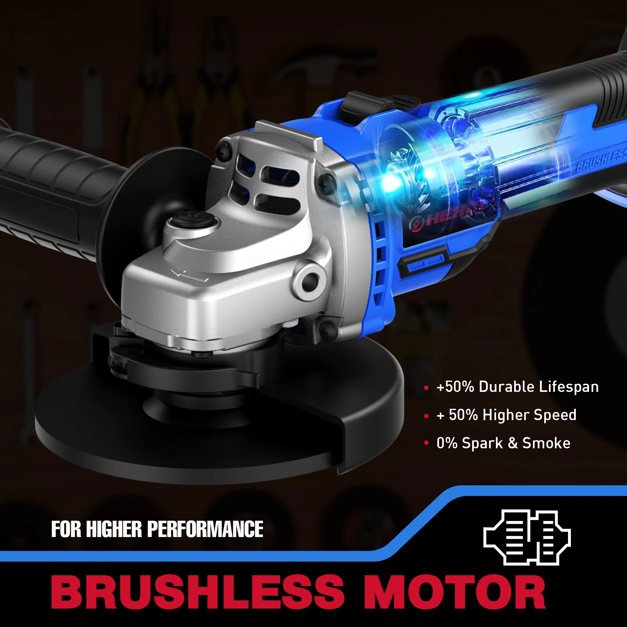 Hehui 20V Professional Industry 115Mm 3000~8500Rpm Angle Grinder Restart Protection Cordless Brushless Polishing Machine
