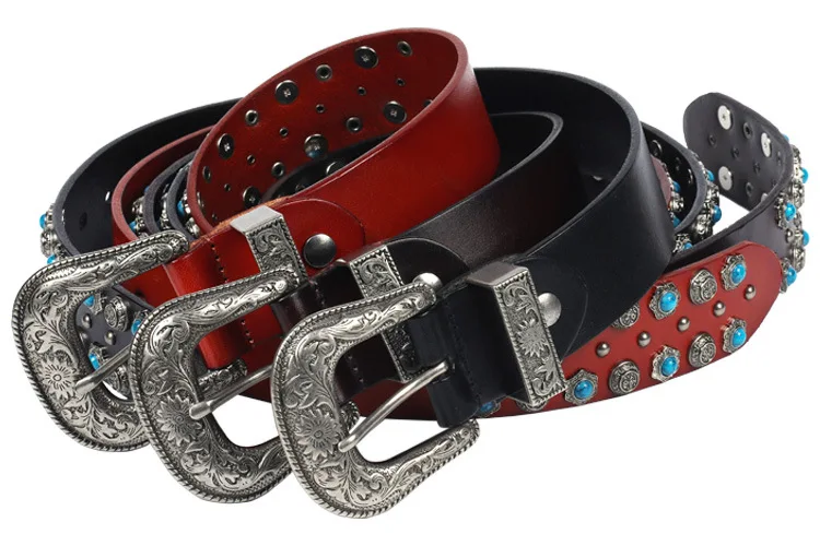 Luxury Turquoise and Studs Inlaid Western Buckle Genuine Leather Cowgirl Belt for Women