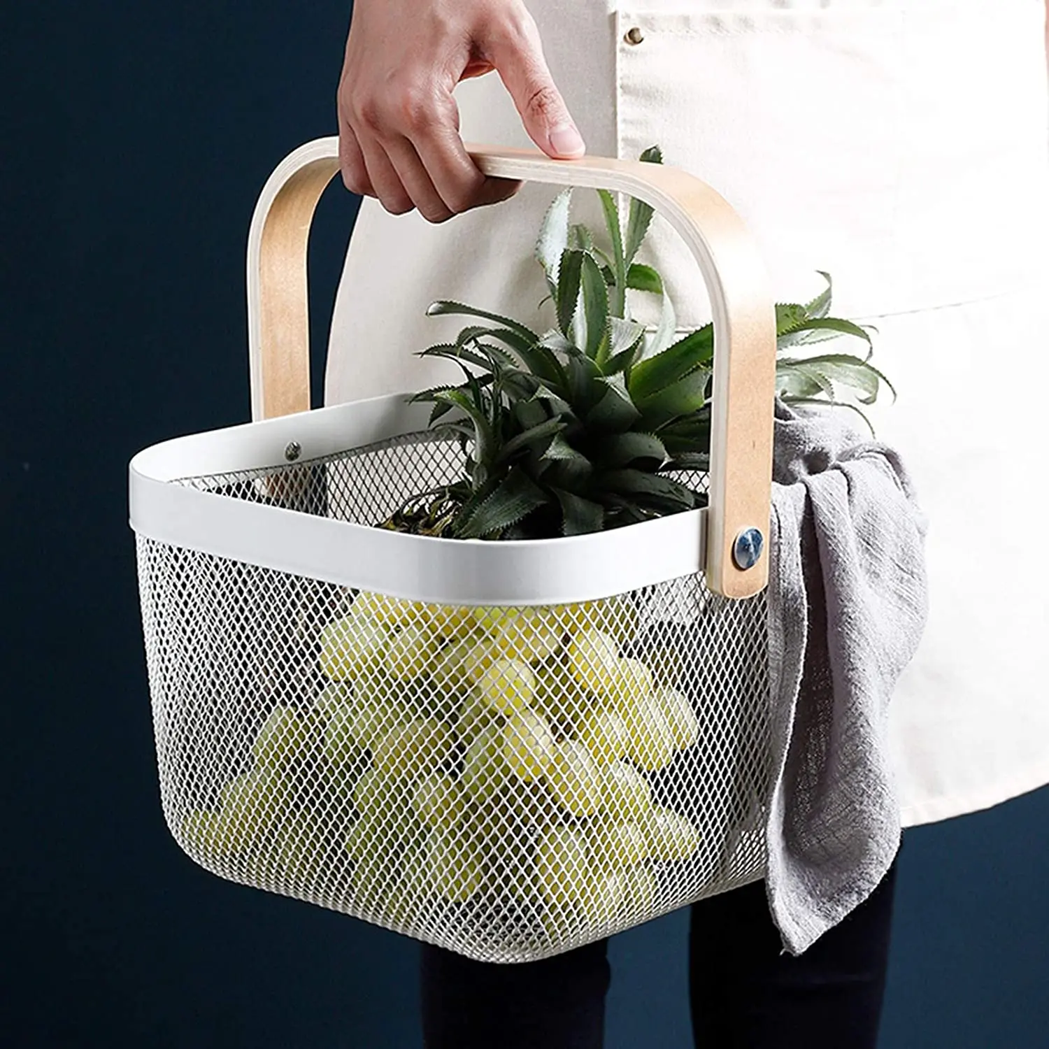 Multi-function Hanging Kitchen Mesh Metal Wire Baskets Fruit Basket Bin with Wood Handle for Kitchen